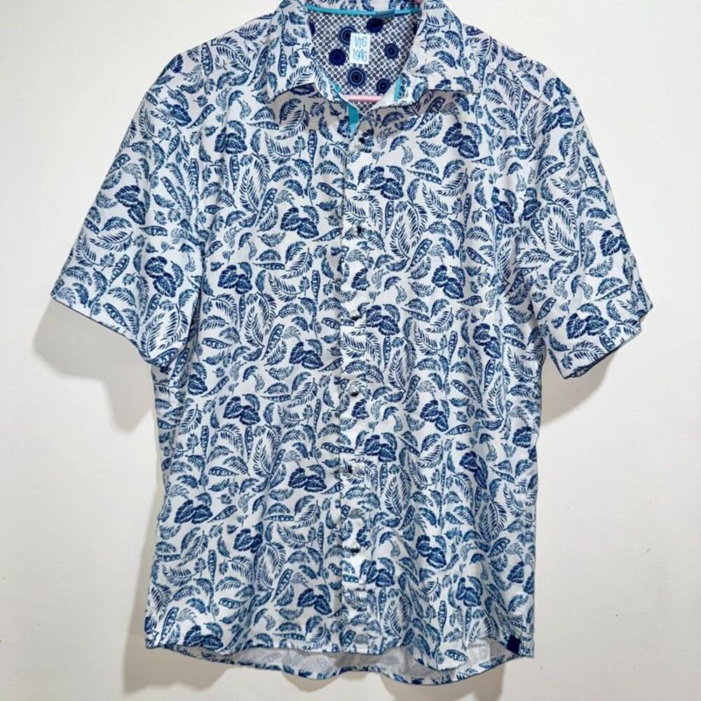 Vintage 1946 Mens Medium Shirt Blue White Tropical Geometric Stretch Button Down